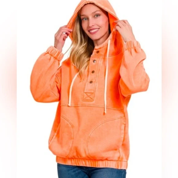Zenana Outfitters Mineral Washed Orange Hooded Pullover "NEW" - Picture 6 of 9